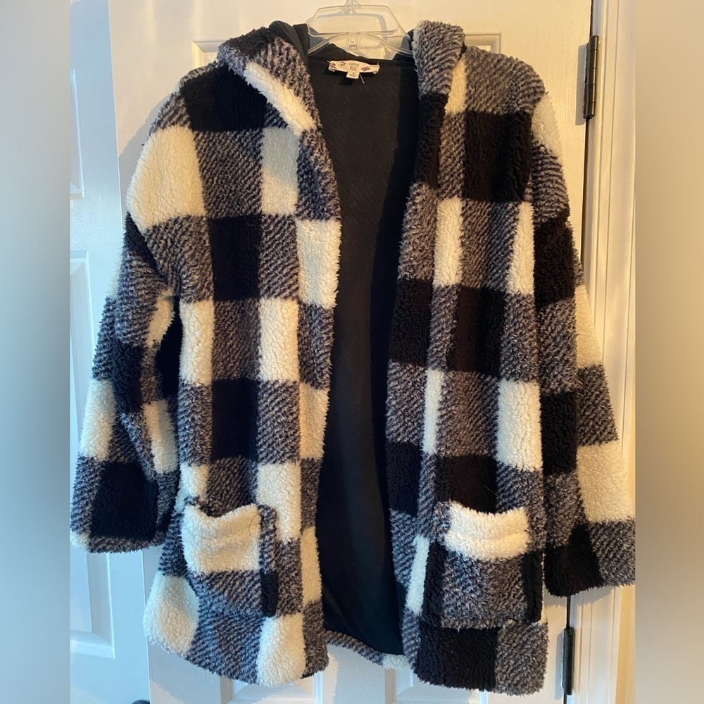 Hippie Rose Black and White Buffalo Check Hooded Sherpa Shacket Size L